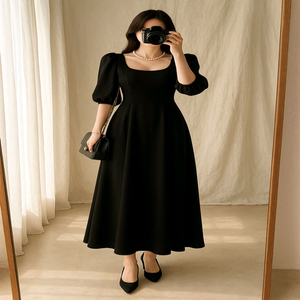 u넥 퍼프소매 A라인 롱원피스 모임룩 하객룩ㅡ무배