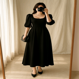 u넥 퍼프소매 A라인 롱원피스 모임룩 하객룩ㅡ무배