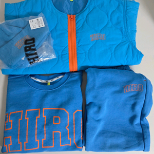 히로 블랭크 스웨트셔츠 150 조거팬츠140 퀼팅자켓 겨깔 블루 140( 비니 새제품증정)4종세트