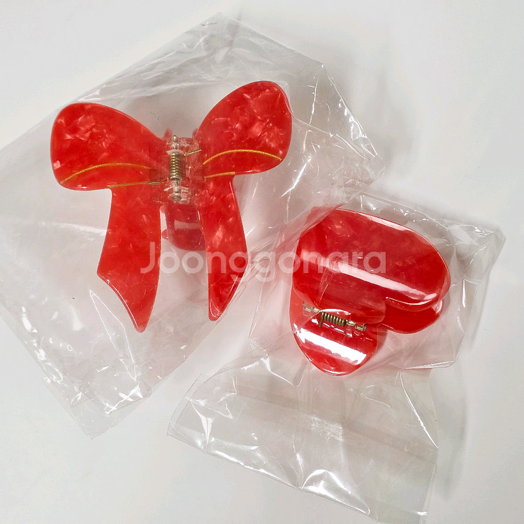 쿠쿠수제뜨 리본 + 하트 집게핀(레드)--0