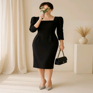 7부 퍼프소매 스퀘어넥 미디원피스ㅡ무배