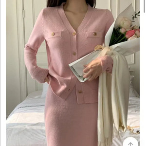 핑크 가디건 스커트 세트 셋업