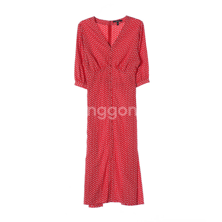 [S]룩캐스트 레드 플로럴 브이넥 반팔 롱 쉬폰 원피스 드레스--0