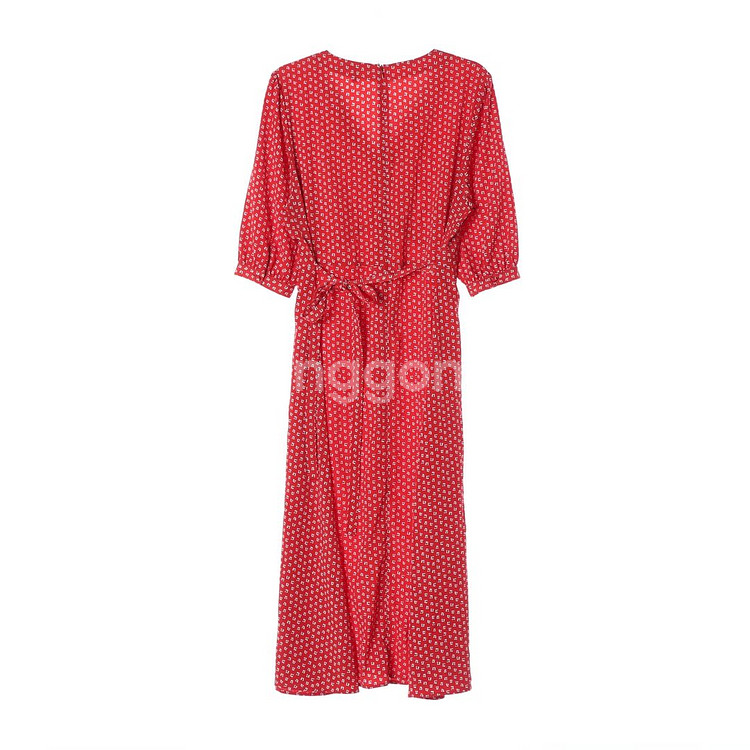 [S]룩캐스트 레드 플로럴 브이넥 반팔 롱 쉬폰 원피스 드레스--4