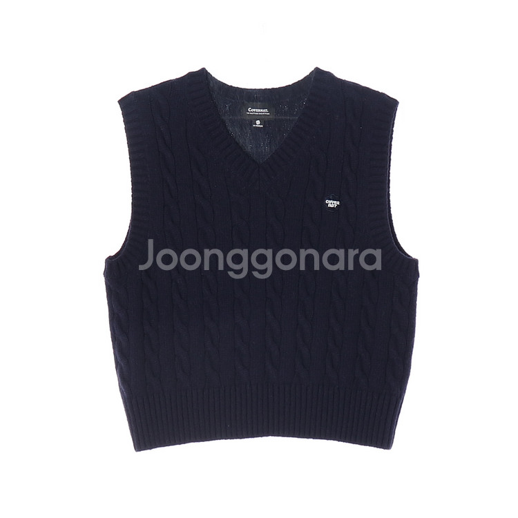 [M]커버낫 네이비 로고 꽈배기 케이블 브이넥 울 니트 베스트--0