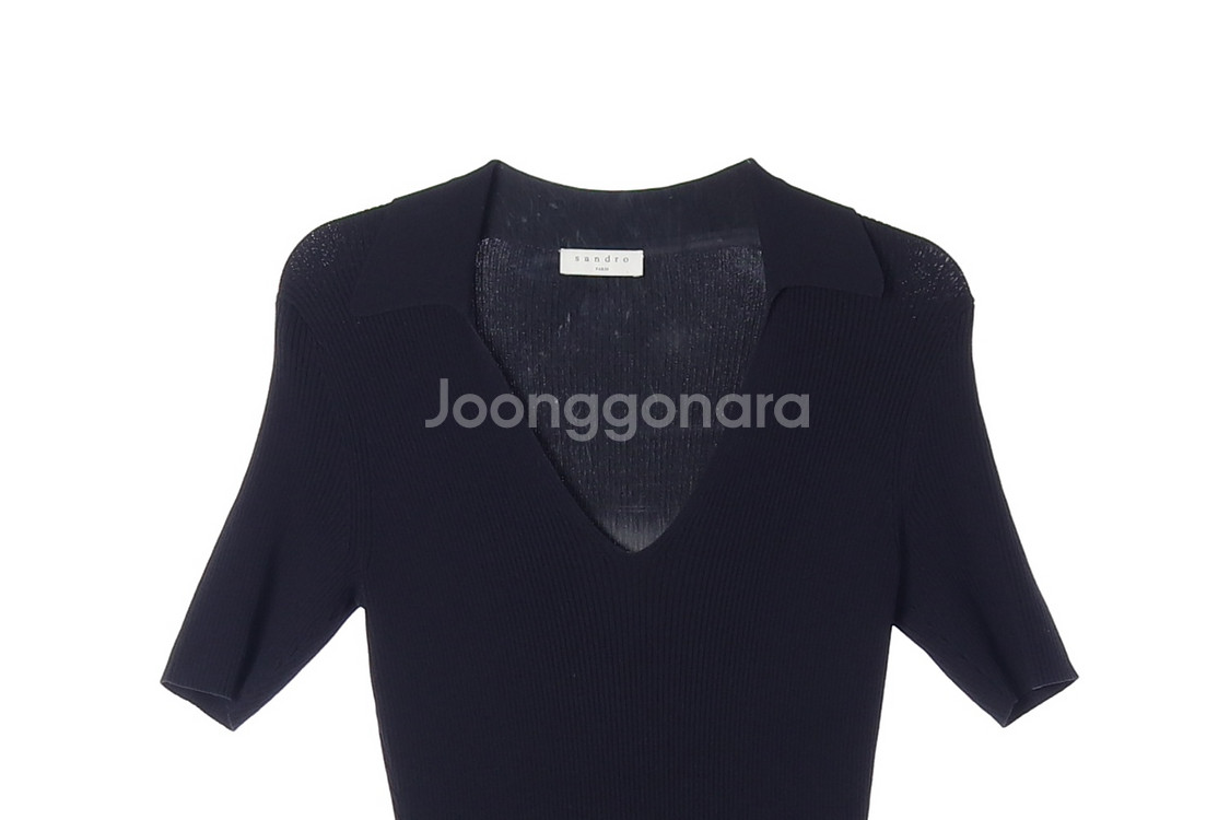 [S]산드로 네이비 반팔 카라 니트 플레어 원피스 드레스--1