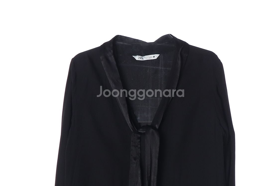 [M]자라 블랙 새틴 리본 타이 루즈핏 긴팔 롱 쉬폰 원피스--1