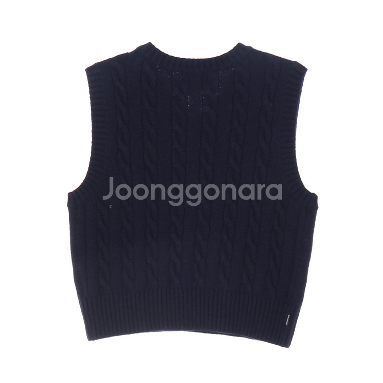 [M]커버낫 네이비 로고 꽈배기 케이블 브이넥 울 니트 베스트--3