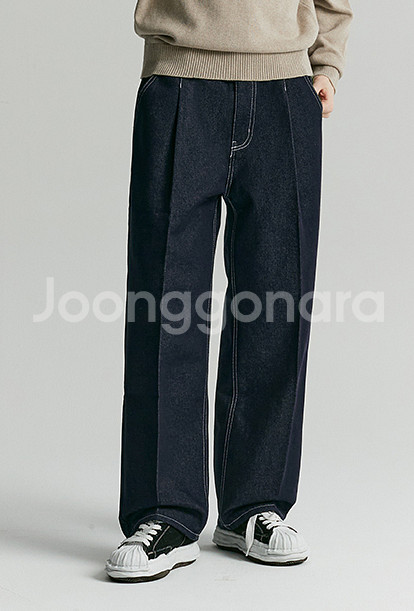 커스텀어클락 데님 원 턱 와이드 팬츠 급처--0