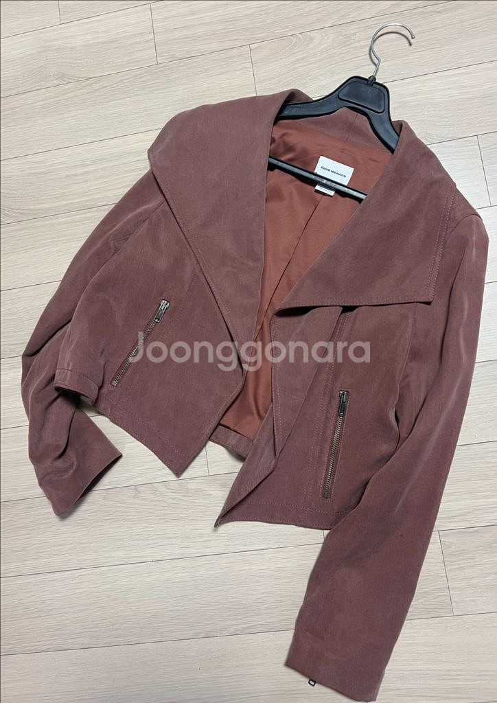 클럽모나코 바이커스타일 오픈 숏자켓 숄카라 빅카라 크롭 라이더 핑크브라운--3