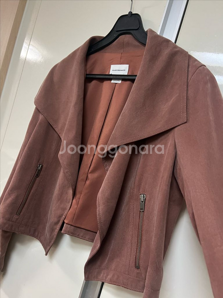 클럽모나코 바이커스타일 오픈 숏자켓 숄카라 빅카라 크롭 라이더 핑크브라운--5