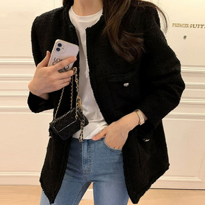 데일리룩 DAILYLOOK 마드모아 트위드 자켓 노카라 라운드넥 블랙 검정 하객룩 오피스룩