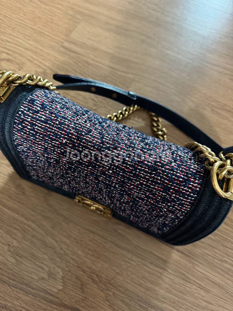 보이 샤넬 트위드&데님 미디움 백--1