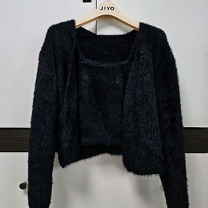 블랙 앙고라 니트 나시 가디건 세트