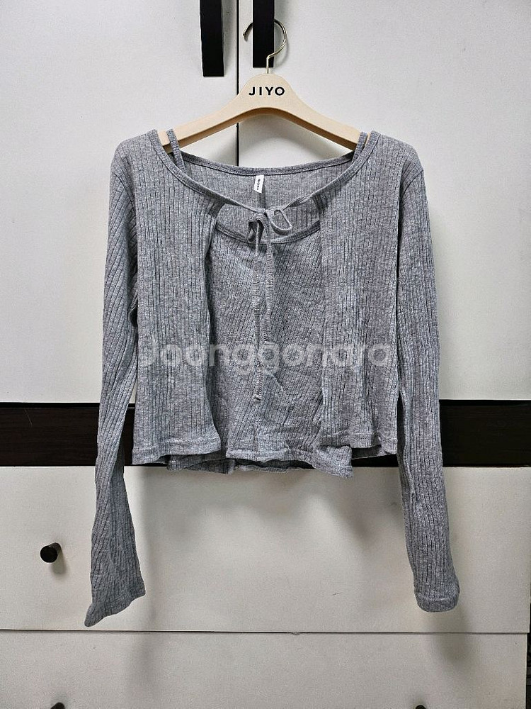 그레이 리본 골지 니트 나시 가디건 세트--0