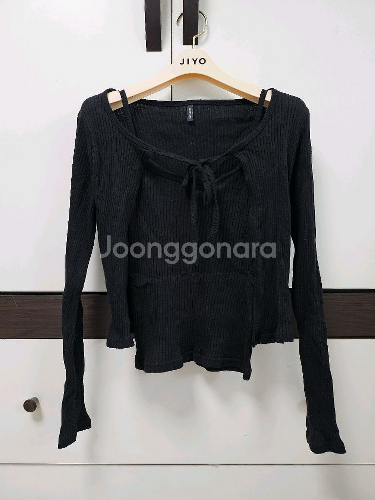 블랙 리본 골지 니트 나시 가디건 세트--0