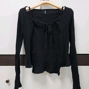 블랙 리본 골지 니트 나시 가디건 세트