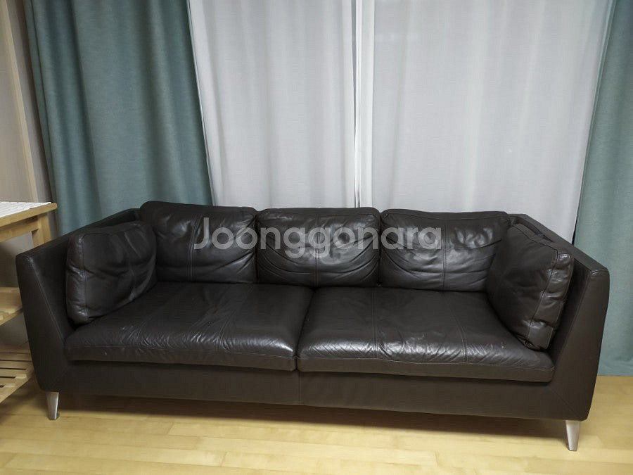 이케아 스톡홀름 3인용 다크 브라운 가죽 소파--0