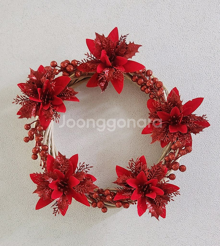 새상품)대형 크리스마스 리스 펄열매 포인세티아 조화--0