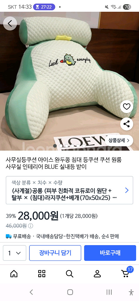 공룡 디자인의 등받이 쿠션. 아동용--4