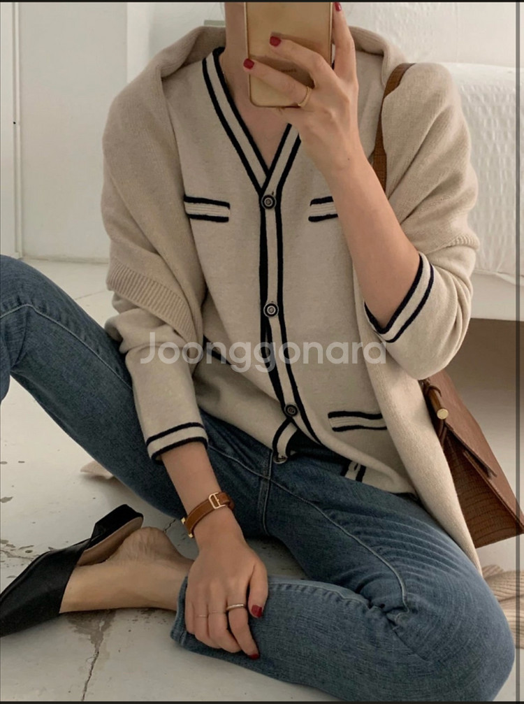 보웬 배색가디건--1