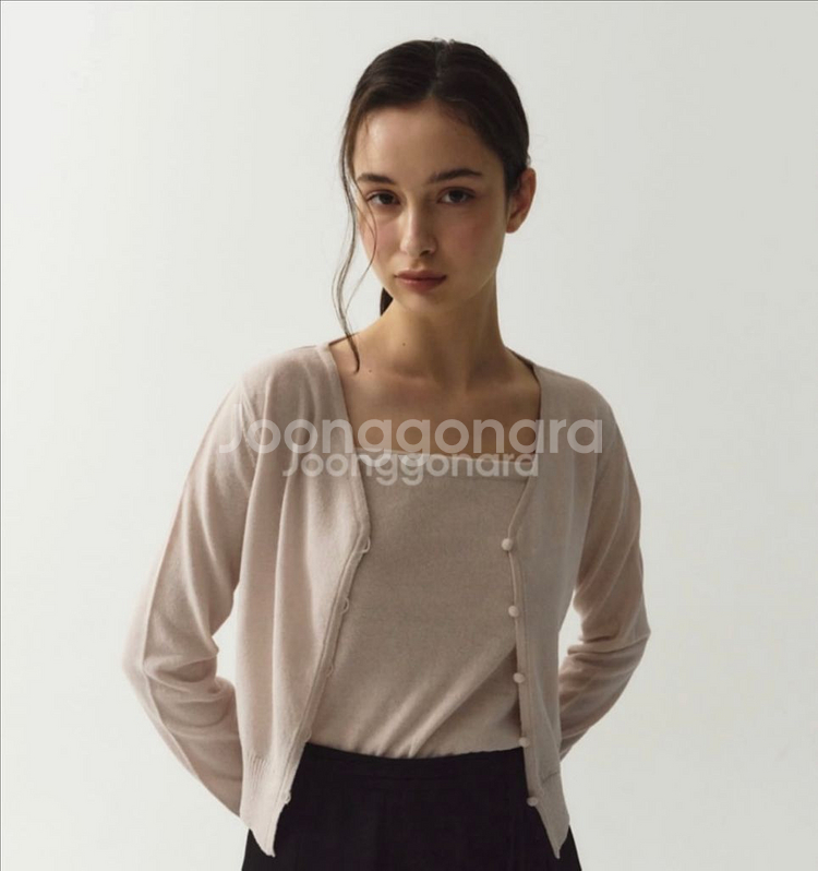 elloge 엘로주 아이린 가디건, 슬리브리스 셋업 페일핑크--0