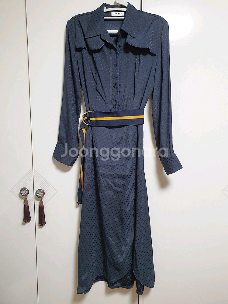 산드로-네이비 도트 셔츠 원피스--4