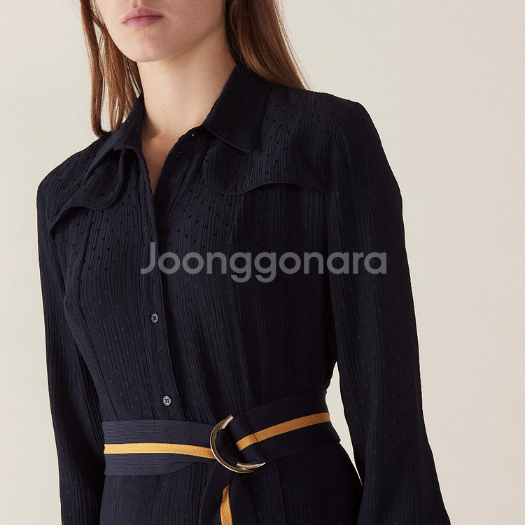 산드로-네이비 도트 셔츠 원피스--2