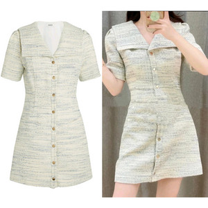 산드로 스퀘어카라 멜란지 트위드 미니 원피스