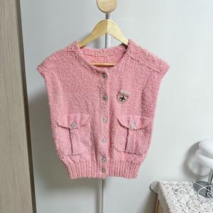 브로치포함 트위드조끼 핑크