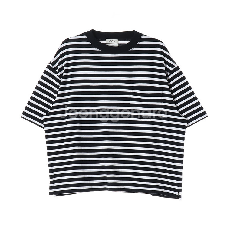 [L]코스 블랙 스트라이프 포켓 오버핏 반팔 티셔츠--0