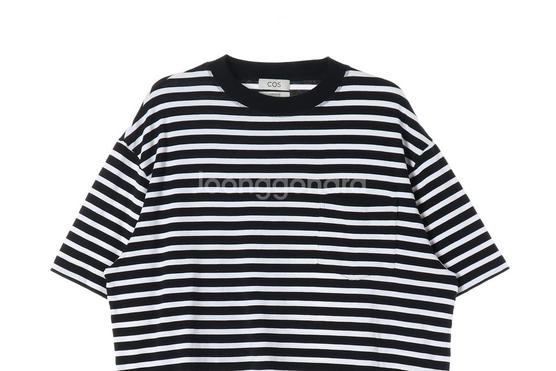 [L]코스 블랙 스트라이프 포켓 오버핏 반팔 티셔츠--1