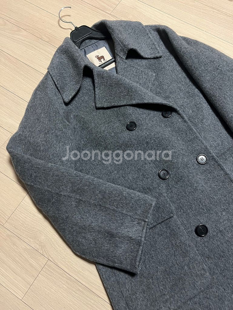 고퀄 자수 장식 캐시미어30% 울 롱코트 빅 와이드 카라 더블버튼 핸드메이드 그레이--3