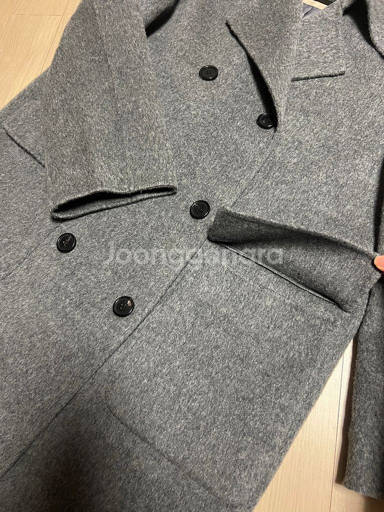 고퀄 자수 장식 캐시미어30% 울 롱코트 빅 와이드 카라 더블버튼 핸드메이드 그레이--5