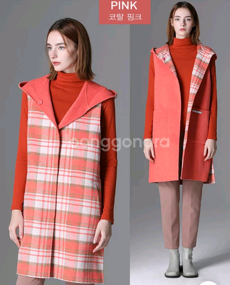 후드 조끼 양면 체크 롱 조끼 #새상품#--0