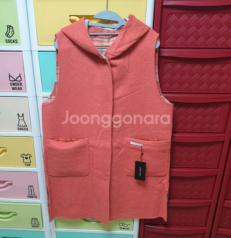 후드 조끼 양면 체크 롱 조끼 #새상품#--1