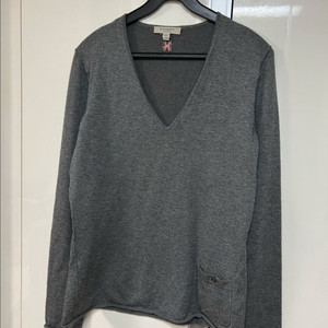 버버리 실크 캐시미어 울 브이넥 니트 그레이 긴팔 티셔츠 체크자수 포켓