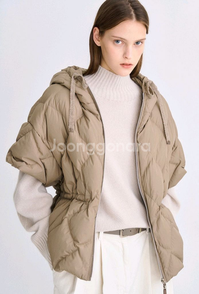 타임 구스 다운 드로우스트링 퀼팅 후드 점퍼--0