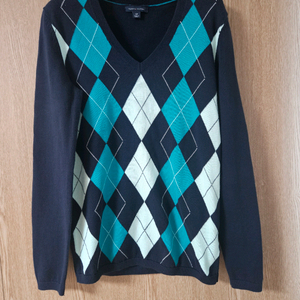 타미힐피거 여성 아이비 아가일 브이넥 니트 스웨터