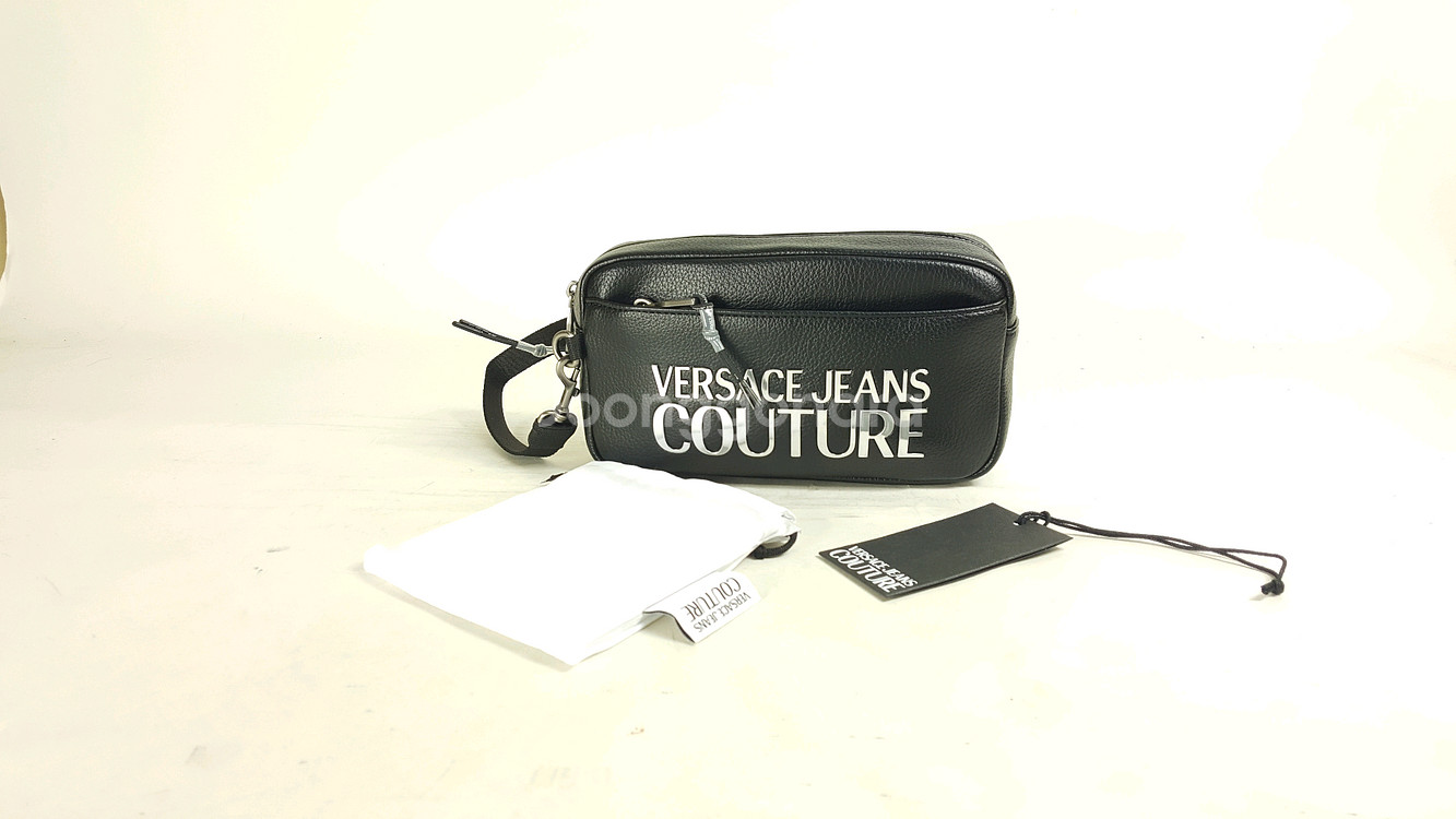 베르사체진스 실버 메탈릭 로고 검정 가죽 남성 손가방--6