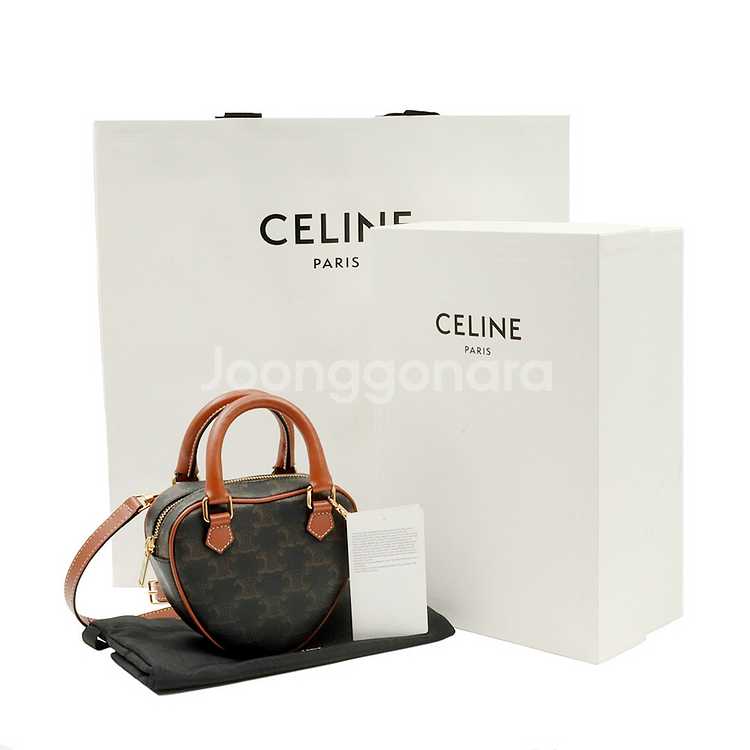 셀린느 트리옹프 캔버스 탄 카프스킨 미디움 하트 미니 크로스백 / 198222BZJ--1