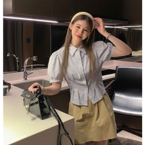 하늘색 퍼프 플리츠 블라우스