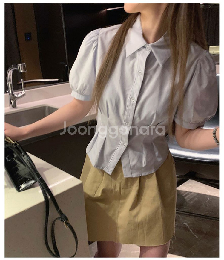 하늘색 퍼프 플리츠 블라우스--5