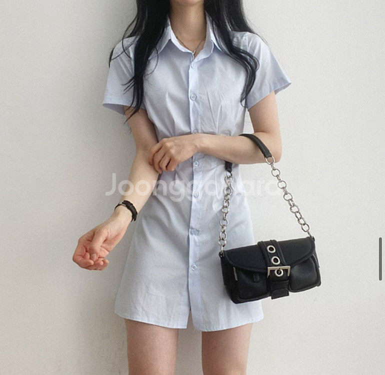 셔츠 원피스 하늘색 반팔 미니 원피스--0