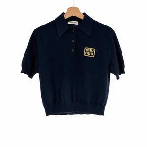 [36] 미우미우 여성 캐시미어 로고 폴로 카라 니트 반팔 티셔츠 네이비