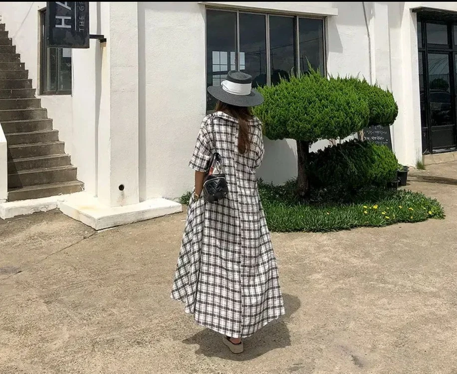11am 린넨 체크 반팔 원피스 언발란스 롱 원피스 이미지