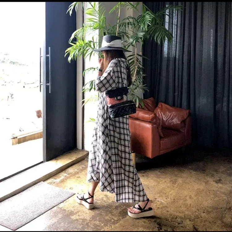 11am 린넨 체크 반팔 원피스 언발란스 롱 원피스 이미지
