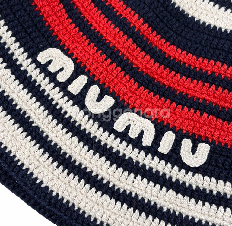 미우미우 로고 크로셰 스트라이프 니트 비니 버킷햇 모자--2