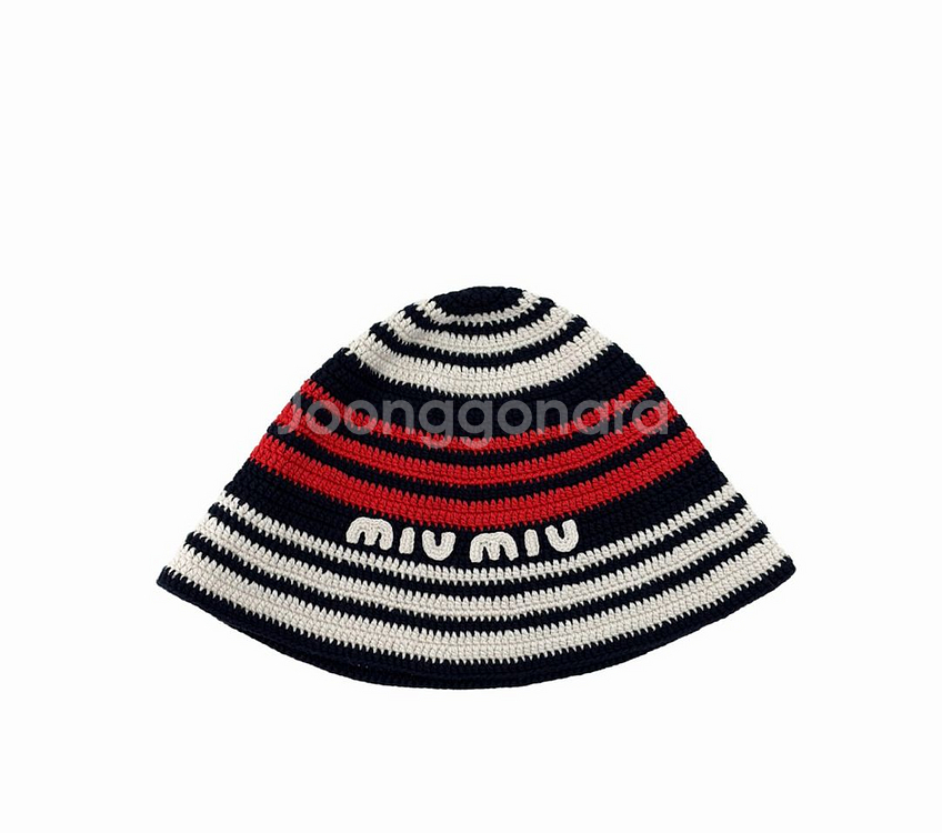 미우미우 로고 크로셰 스트라이프 니트 비니 버킷햇 모자--0