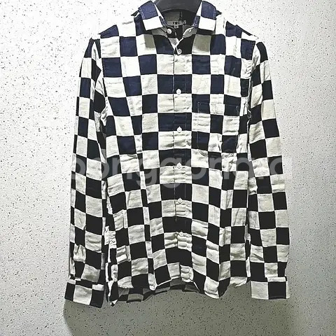 S) YMC 체크 셔츠 남방 코튼셔츠 컬러블록 네이비 베이지--0